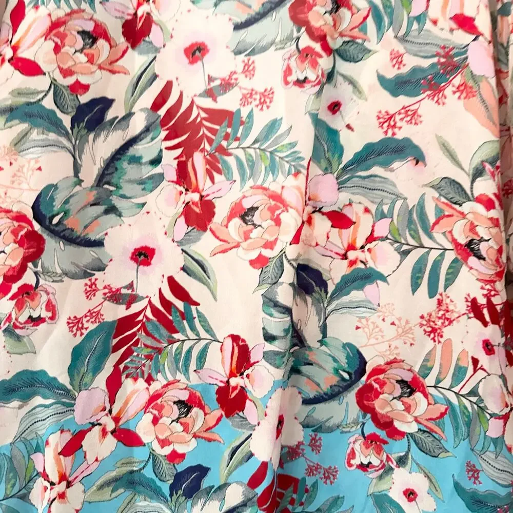 Johnny Was Jade Printed Blue Red Floral Print Cupra Rayon Kimono With Tie Medium